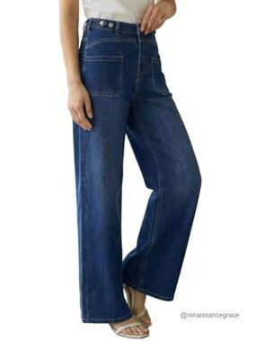 Women's Lyocell Blend Wide Leg High Rise Jeans Adjustable Waist